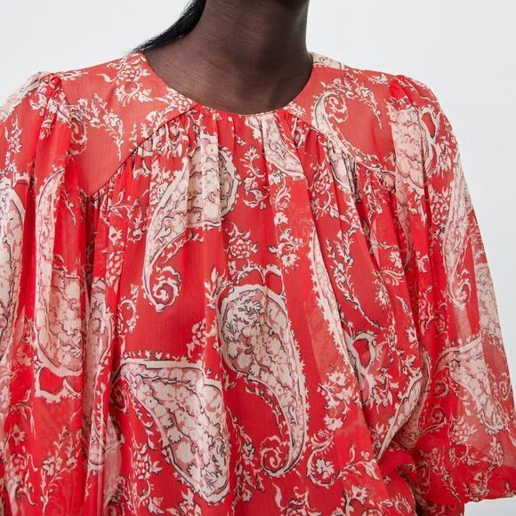 ZARA Chiffon Blouse Floral Print Balloon Sleeves New - Picture 6 of 9